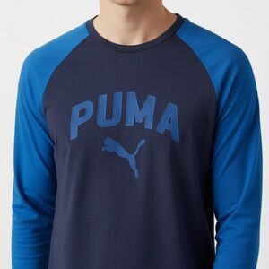 Puma Men’s 2 Tone Blue Long Sleeve Raglan Embroidered Logo Shirt Size Medium